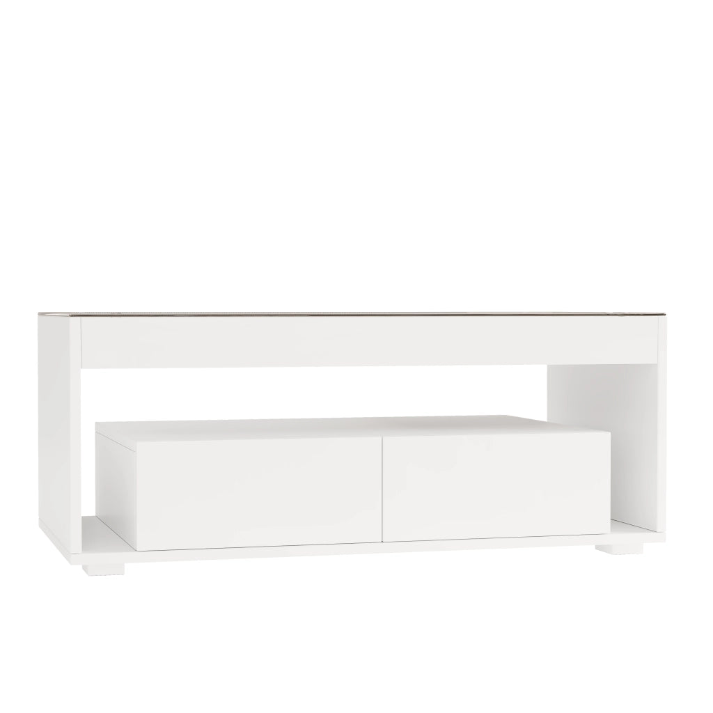 Tavolino basso moderno con LED, 2 cassetti e piano in vetro temperato, finitura bianca lucida, 100 × 50 × 40 cm