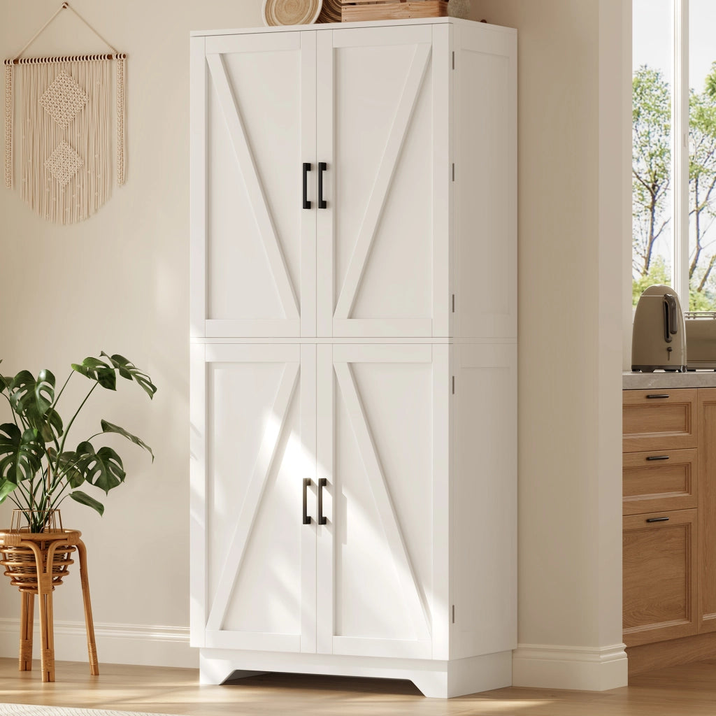 Mobile contenitore cucina alto 80×40×180 cm, 4 ante stile granaio, portabottiglie, MDF bianco/naturale
