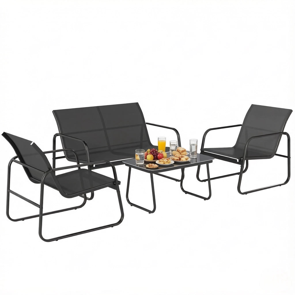 Set da giardino 4 pezzi moderno in acciaio e vetro temperato, colore nero e grigio scuro