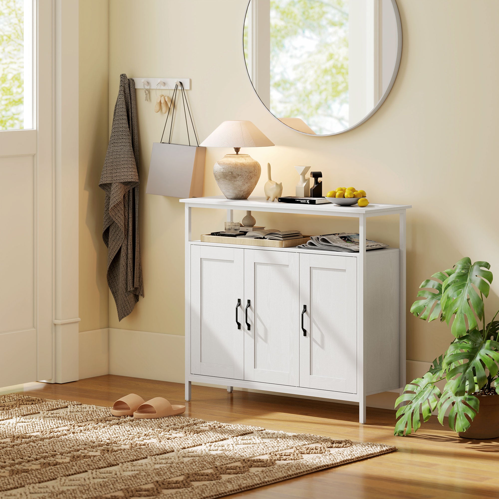 Mobile Basso Credenza da Cucina 100x35x88 cm con Armadietti e Ripiani a Giorno in MDF Bianco