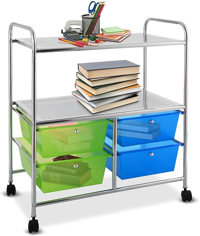 Carrello con 4 Cassetti e 2 Ripiani, Carrello Portaoggetti con Ruote per Cucina Bagno Ufficio, Multiuso, 58,5x37x75 cm (Blu+Verde)