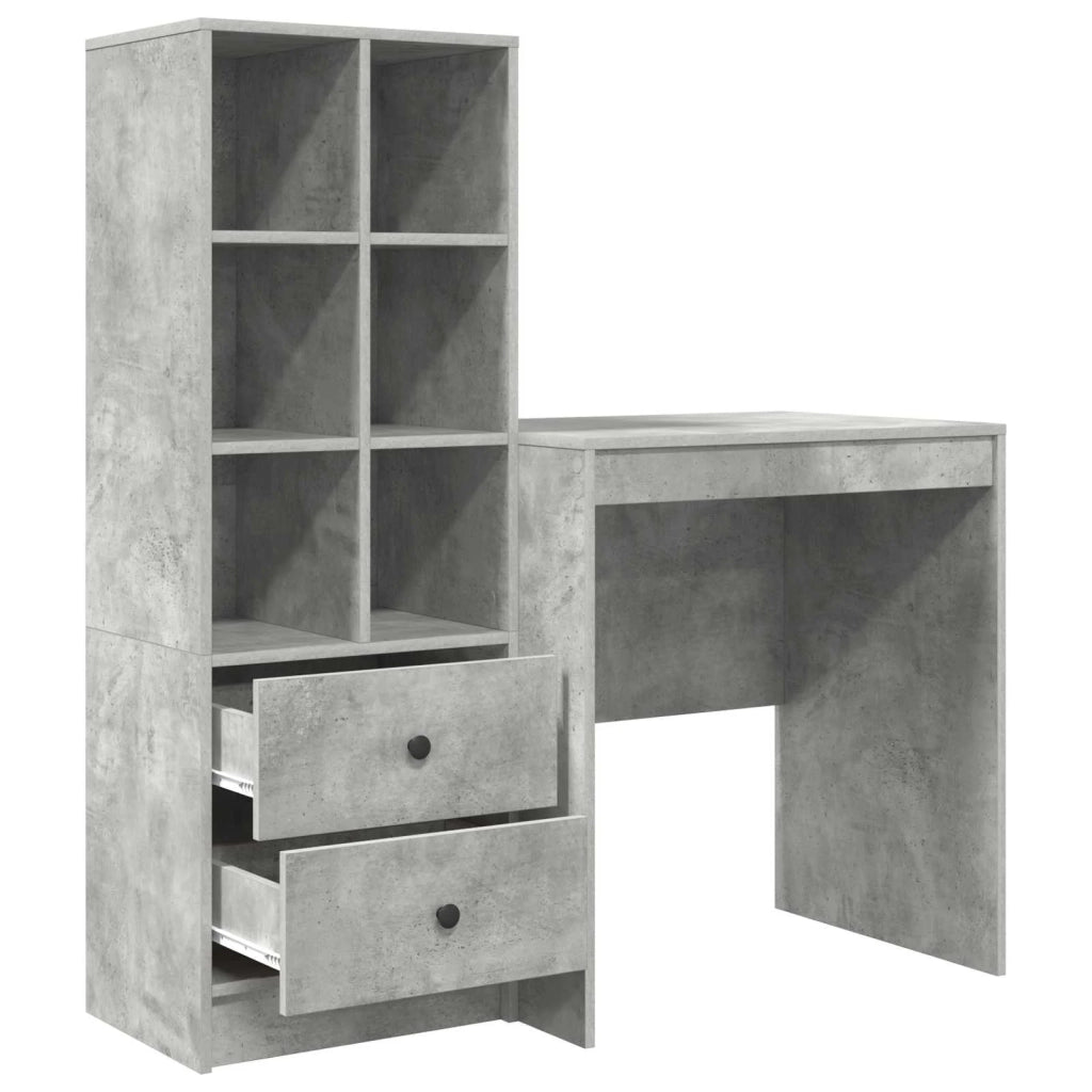 Scrivania | Tavolo da Ufficio con cassetto con lo scaffale 2 pz Grigio cemento