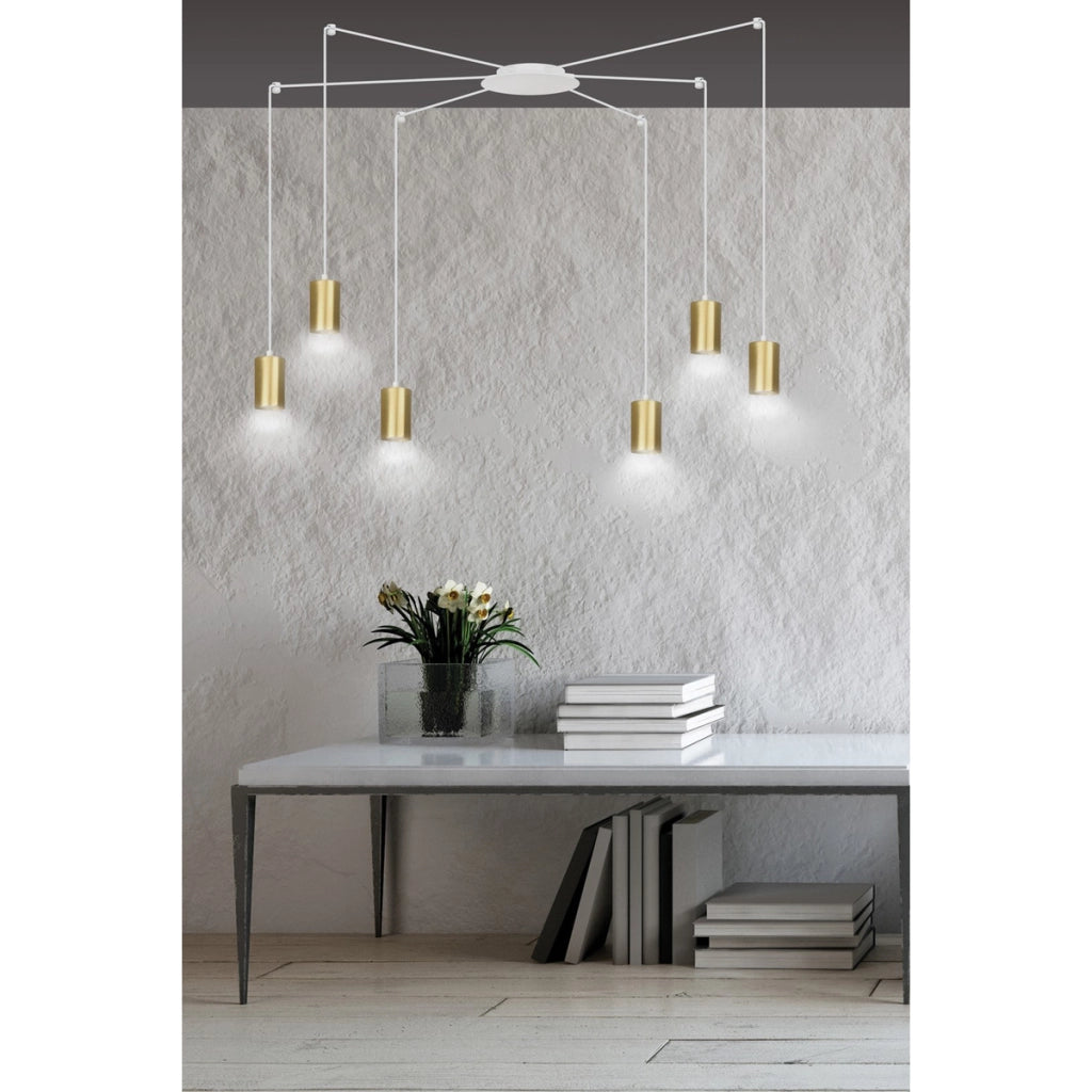 Lampada a sospensione TRAKER con diffusori oro e struttura bianca