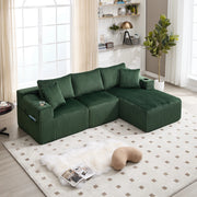 Divano modulare con chaise longue e 2 posti con tasche laterali, porta bicchieri e 5 cuscini, in velluto a coste, Verde Smeraldo