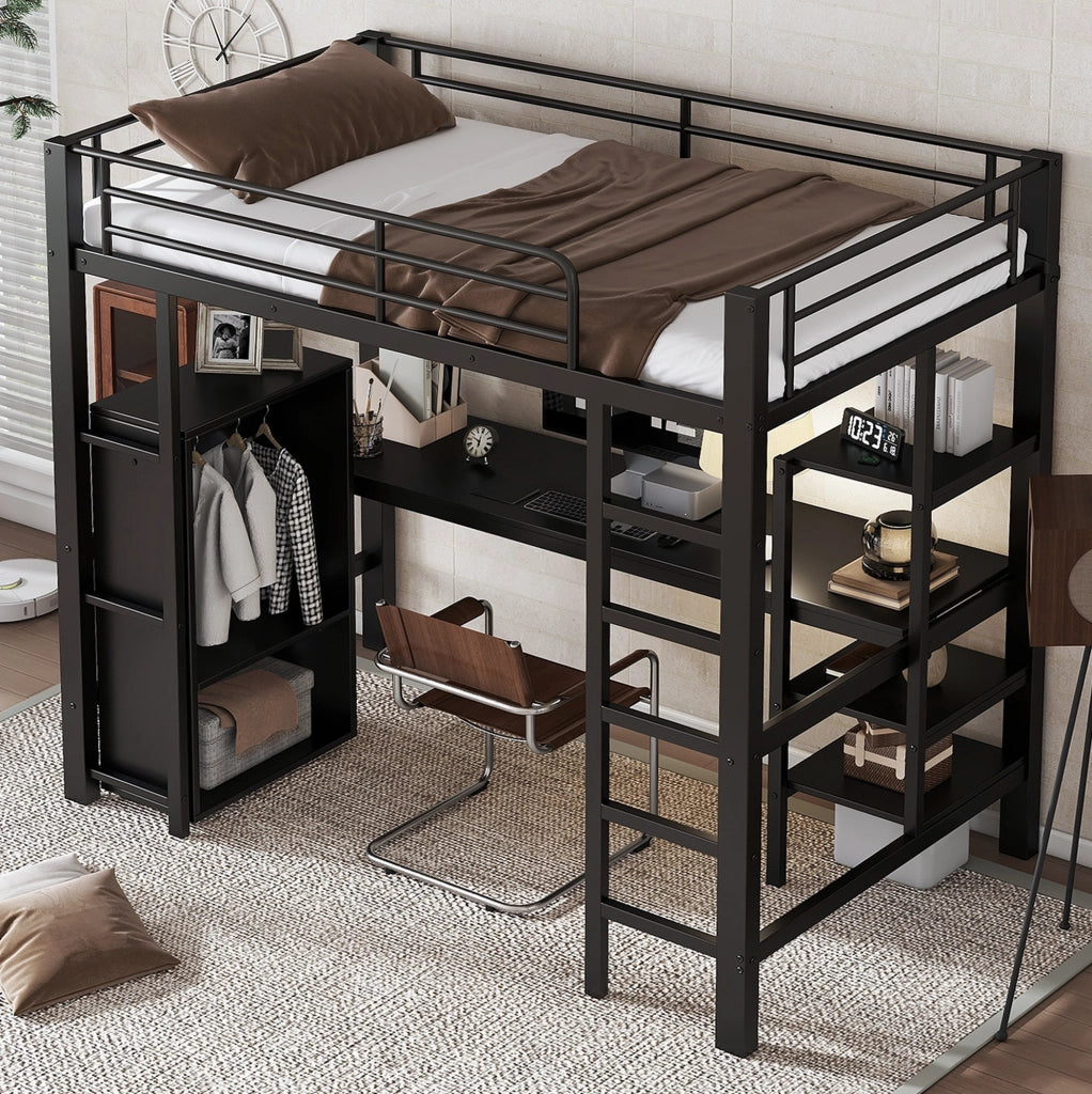 Letto a castello 90x200 cm con scrivania e armadio in metallo nero