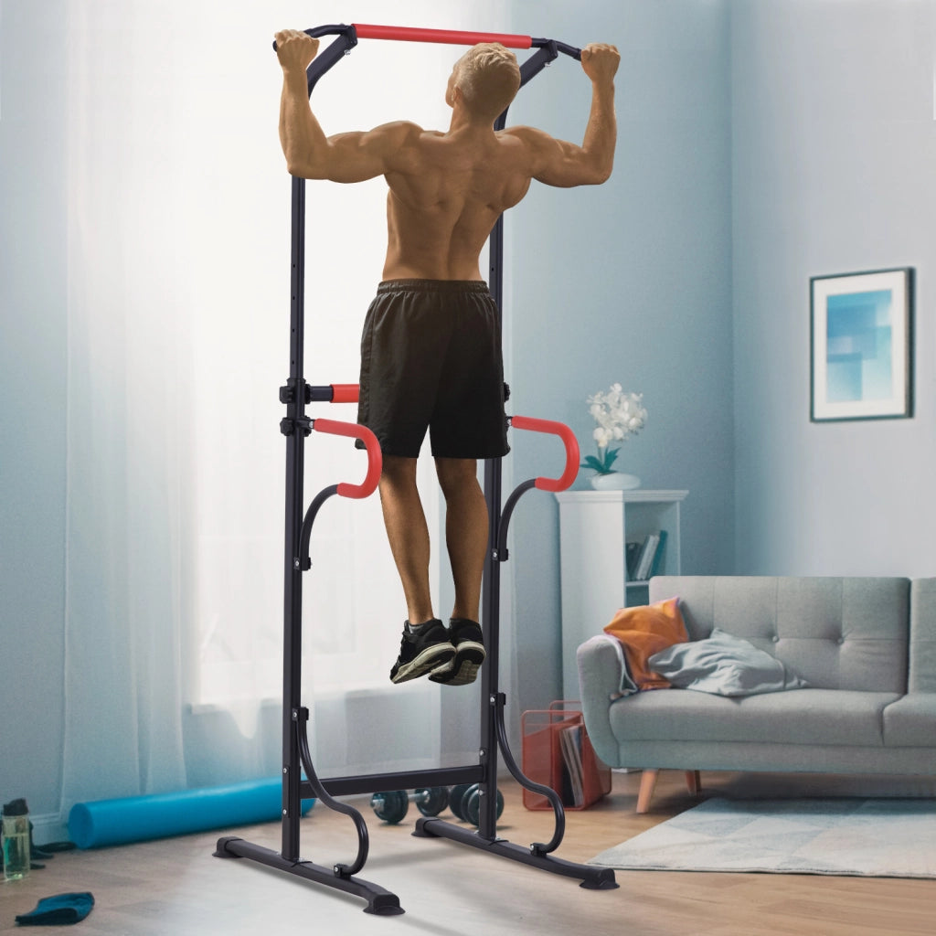 EasyComfort Barra per Trazioni Power Tower Stazione Fitness Multifunzione con Altezza Regolabile 171-219cm Nero Rosso