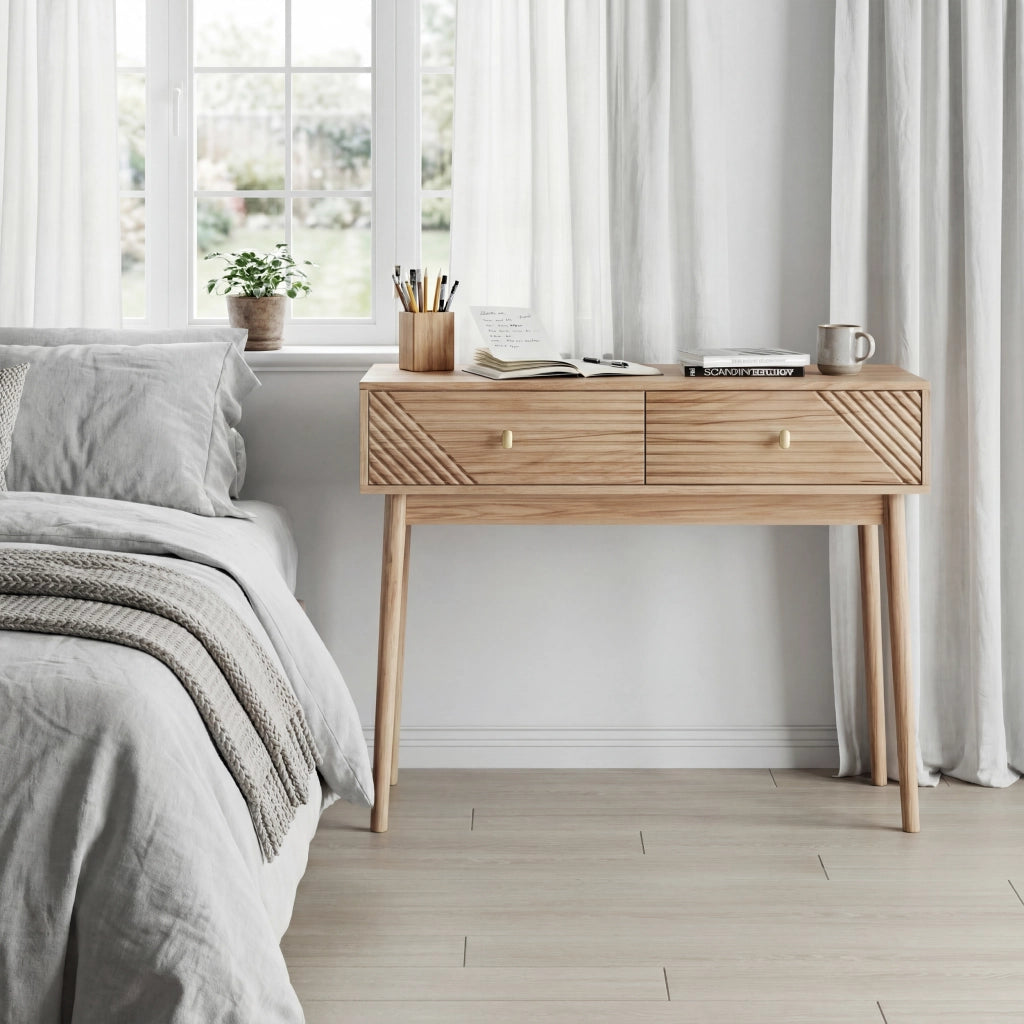 Tavolo consolle con 2 cassetti in MDF e pannello di particelle rovere