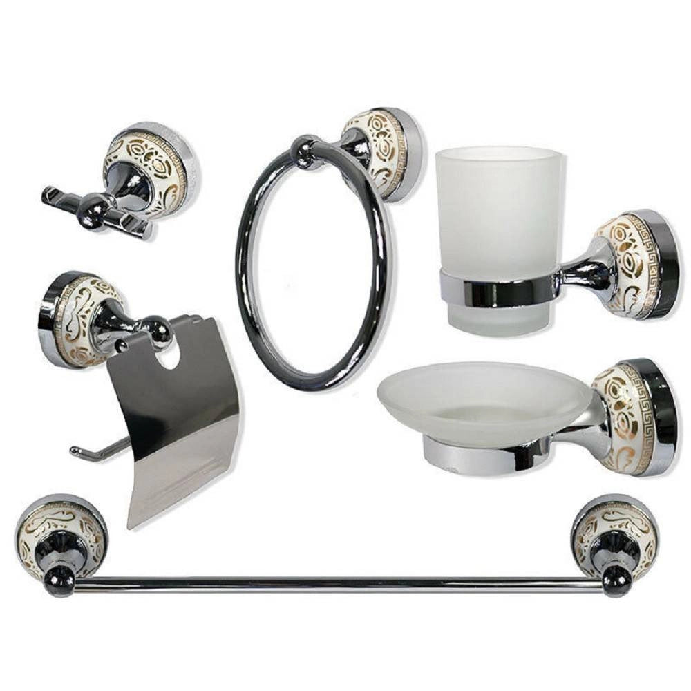 Trade Shop - Set Bagno 6pz Acciaio Vetro Ceramica Decorazioni Oro Portarotolo Saponetta 52436 -