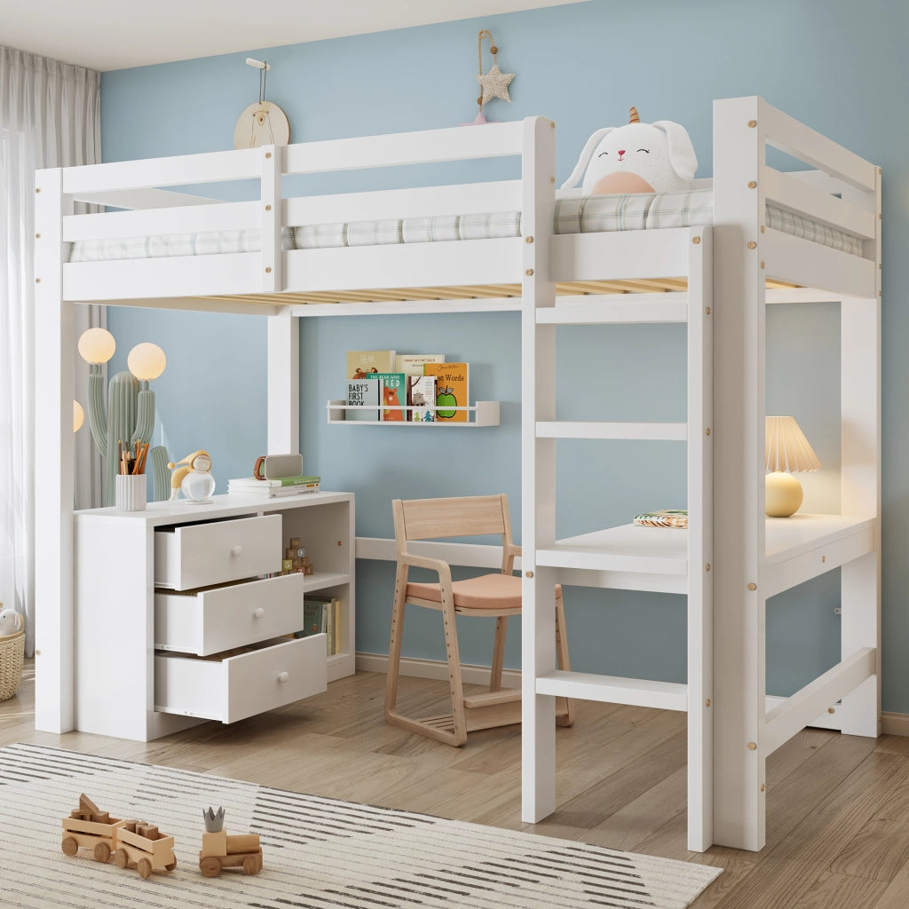 Letto a castello bianco con scrivania cassetti e scaffale in legno di pino e MDF 90x200 cm