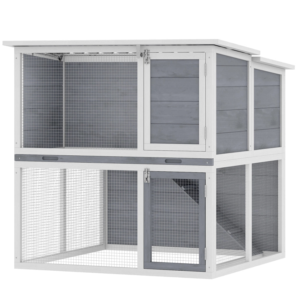 Gabbia per conigli da esterno 2 piani con tetto apribile e vassoio rimovibile ¨C Xylo ¨C 98x95x102,5cm grigio