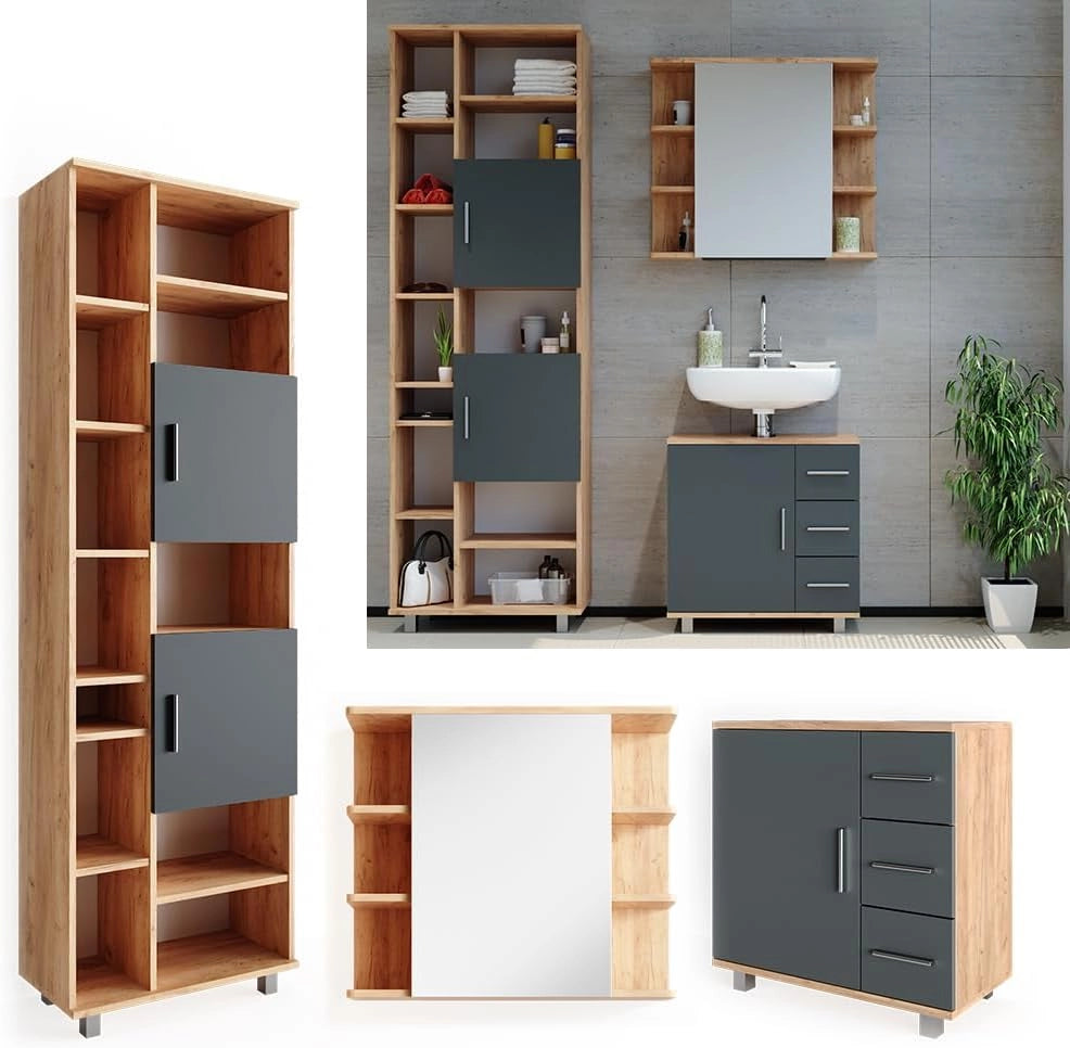Set mobili bagno Ilias, Rovere, 60 cm, composto da mobile sottolavabo, specchiera e colonna alta