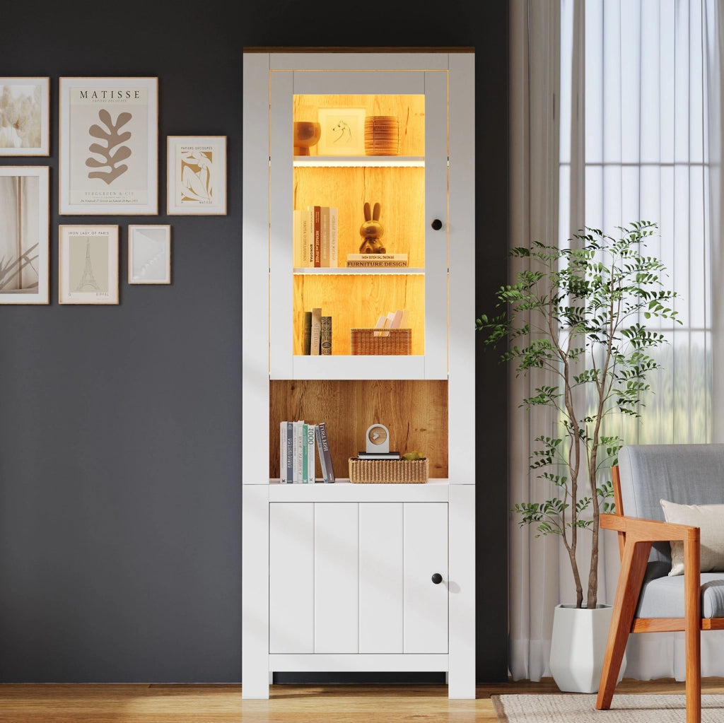 Vetrina alta 70 x 40 x 188 cm con 2 ante, ripiani regolabili e LED