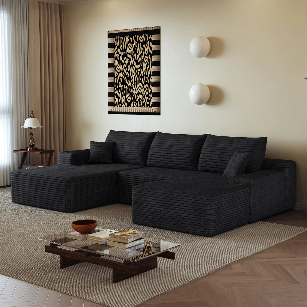 Divano angolare modulare in tessuto a coste con seduta profonda e schiuma elastica nero 270 × 175 × 83 cm
