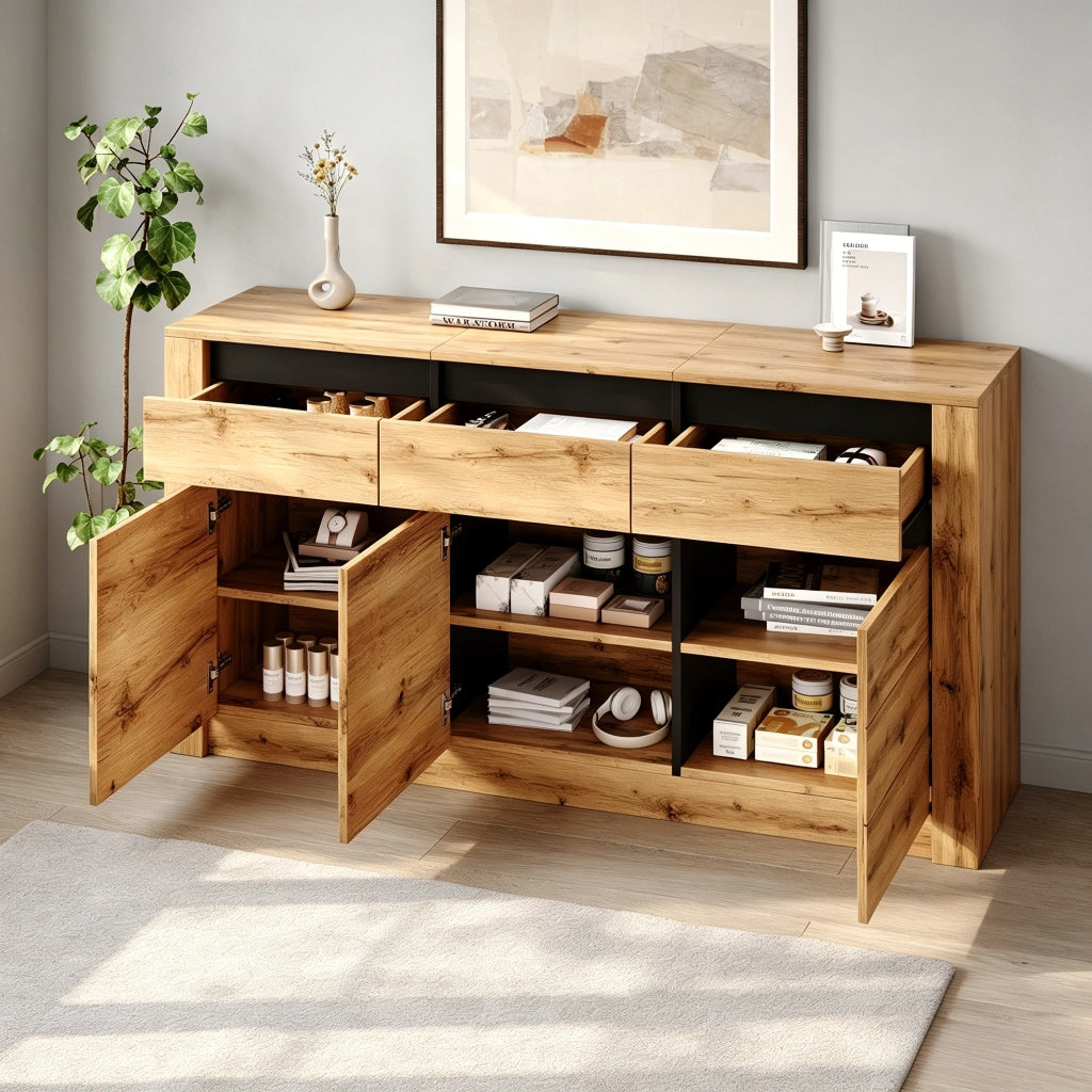 Credenza e madia con 3 cassetti e ripiani regolabili, per soggiorno e ingresso, in truciolare, naturale, 135 × 35 × 70 cm