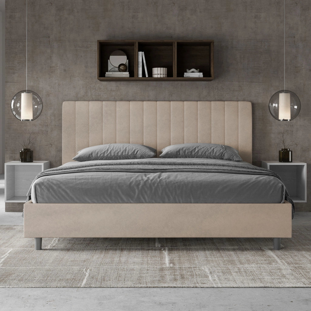 BS COM Letto matrimoniale king size senza rete imbottito 180x210 microfibra sabbia