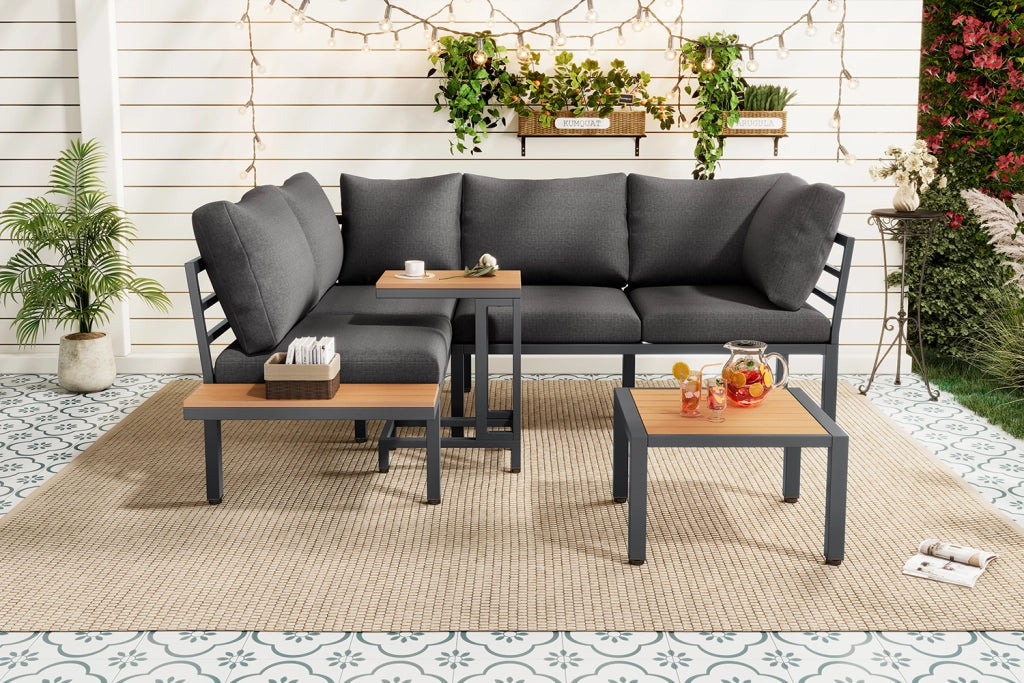 Set di mobili da giardino divano + tavolino + tavolino da caff¨¨ (pu¨° essere usato come poggiapiedi) tubo in acciaio zincato piano tavolo in legno di plastica adatto per balcone e giardino grigio + nero