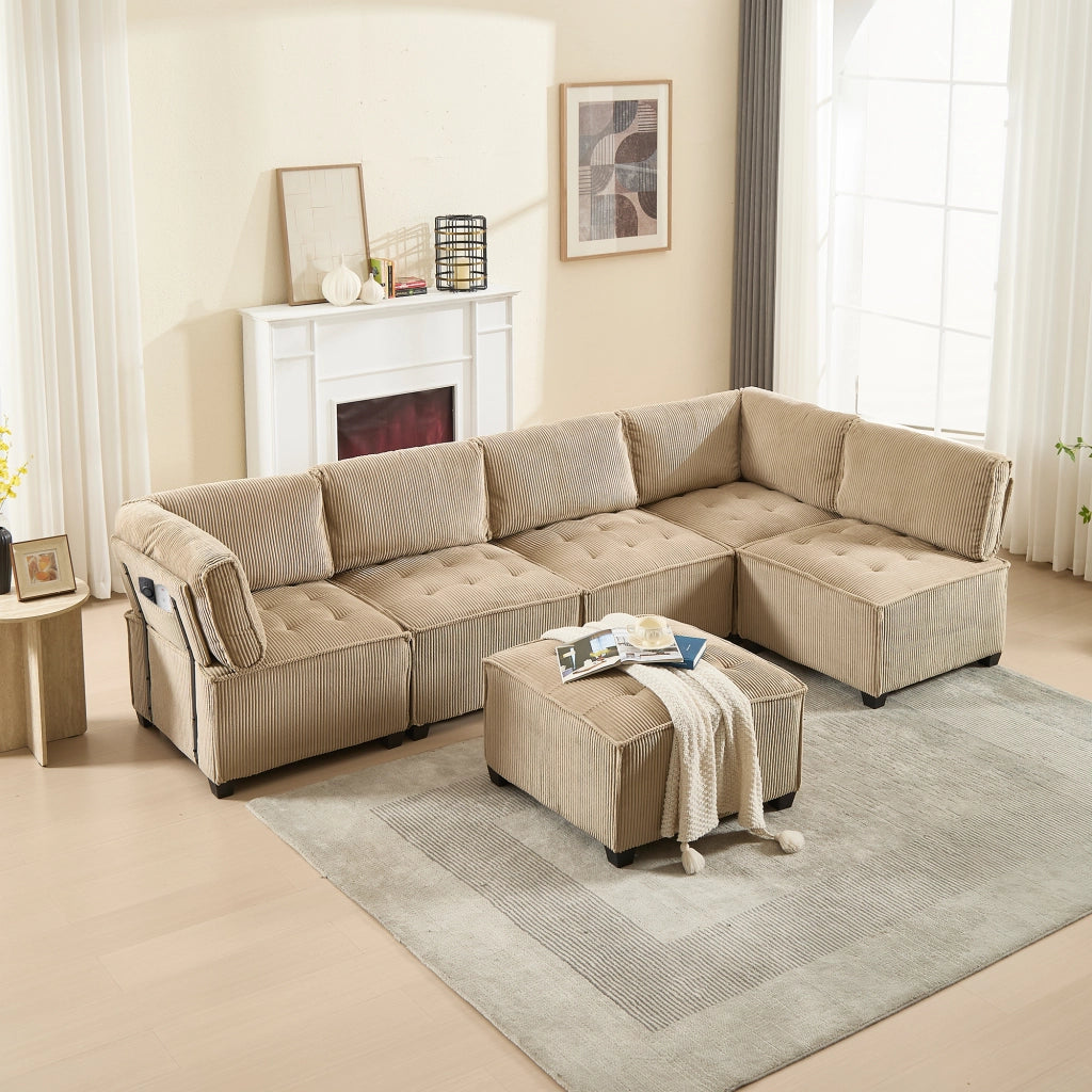 Divano Modulare 6 Posti con Tasche Portaoggetti; Convertibile a U o L o Letto; Comfort Ergonomico; Struttura Legno Metallo in Velluto a Coste Cachi