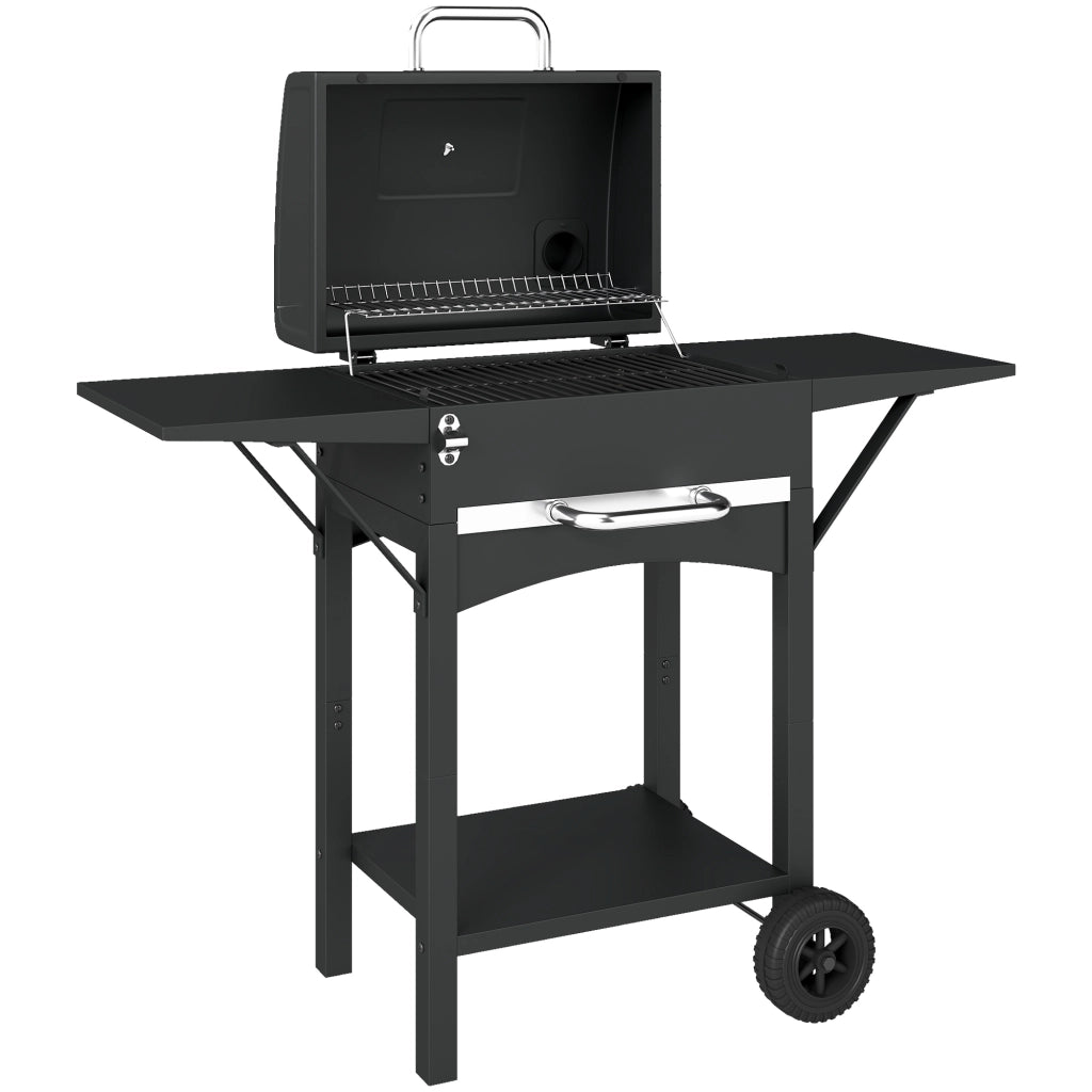 Barbecue a Carbone 110x46,5x101 cm con 2 Ripiani Laterali Termometro Coperchio e Ruote in Metallo e Acciaio Nero