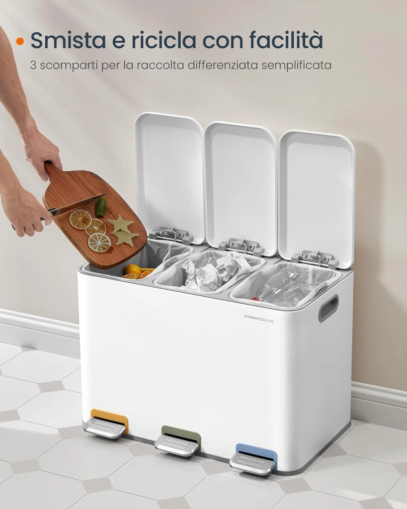 Cestino da Cucina Tripla, Pattumiera per Raccolta Differenziata 3 x 15 L con Pedali Colorati, Raccolta Differenziata, Coperchio e Secchi Interni, Acciaio, Bianco Nuvola
