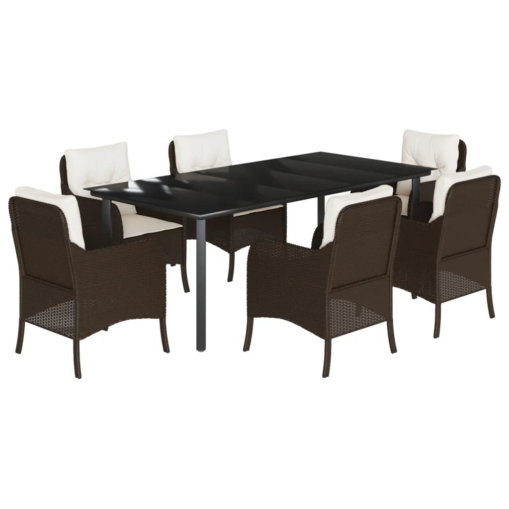 Set da Pranzo da Giardino 7pz con Cuscini in Polyrattan Marrone