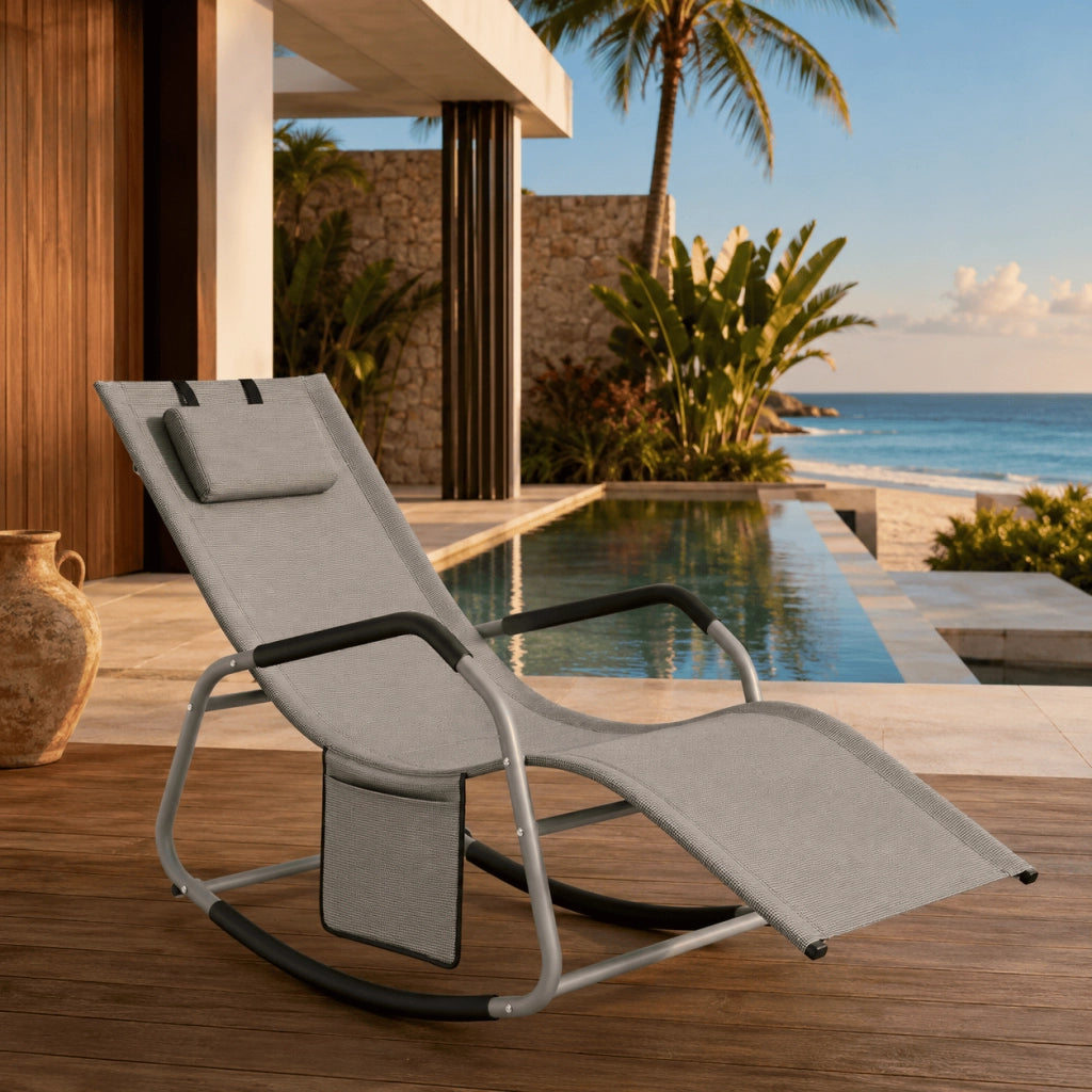 Sedia A Dondolo Ergonomica Poltrona Relax Con Cuscino Antiribaltamento E Tasca Laterale Da Giardino Terrazzo Con Struttura In Acciaio Rivestimento In Textilene 151 X 56 X 90 Cm Grigio
