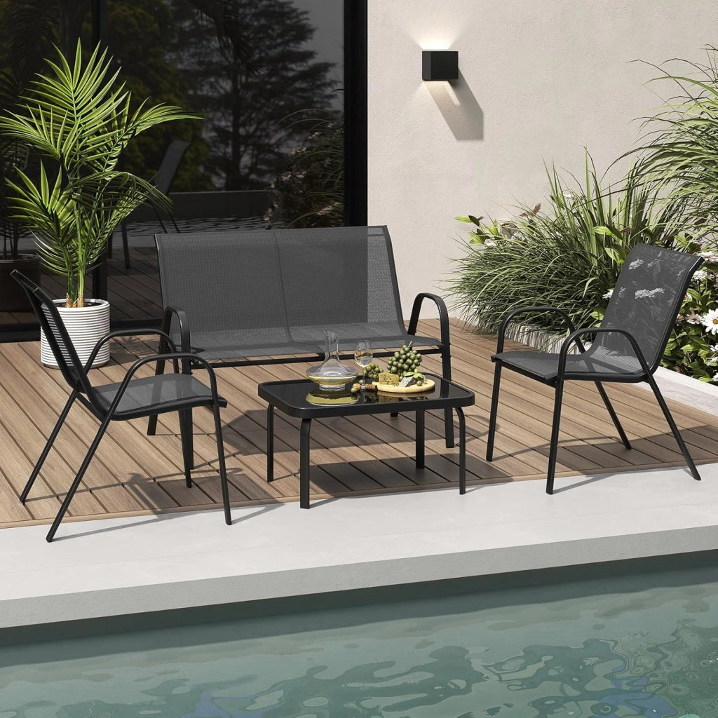 Set Tavolo e Poltrona da Giardino, Set di Mobili 4 Pezzi per Esterno, con Tavolino in Vetro Temperato, Panca e 2 Poltrone, per Giardino Balcone Piscina (Grigio)