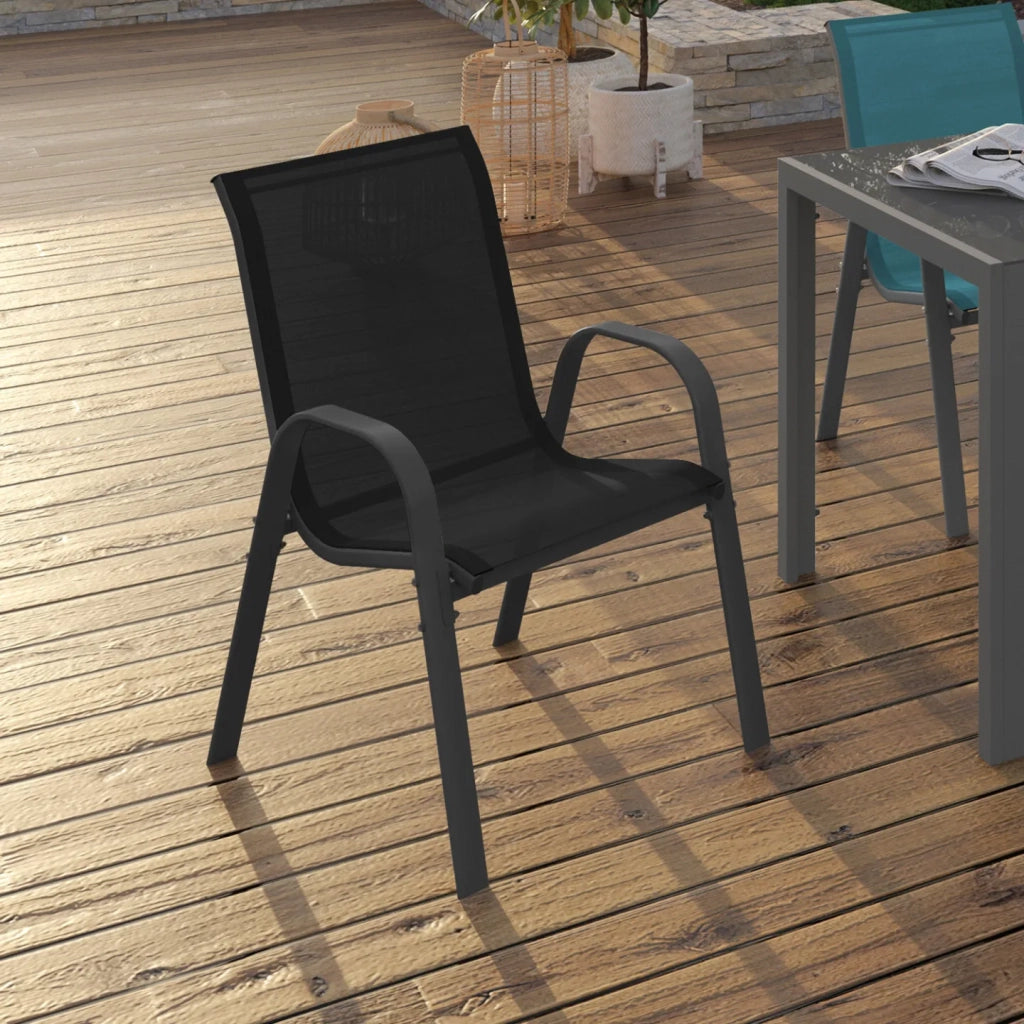 IDMarket - Set di 6 sedie impilabili in metallo e textilene grigio, nero, blu LYMA