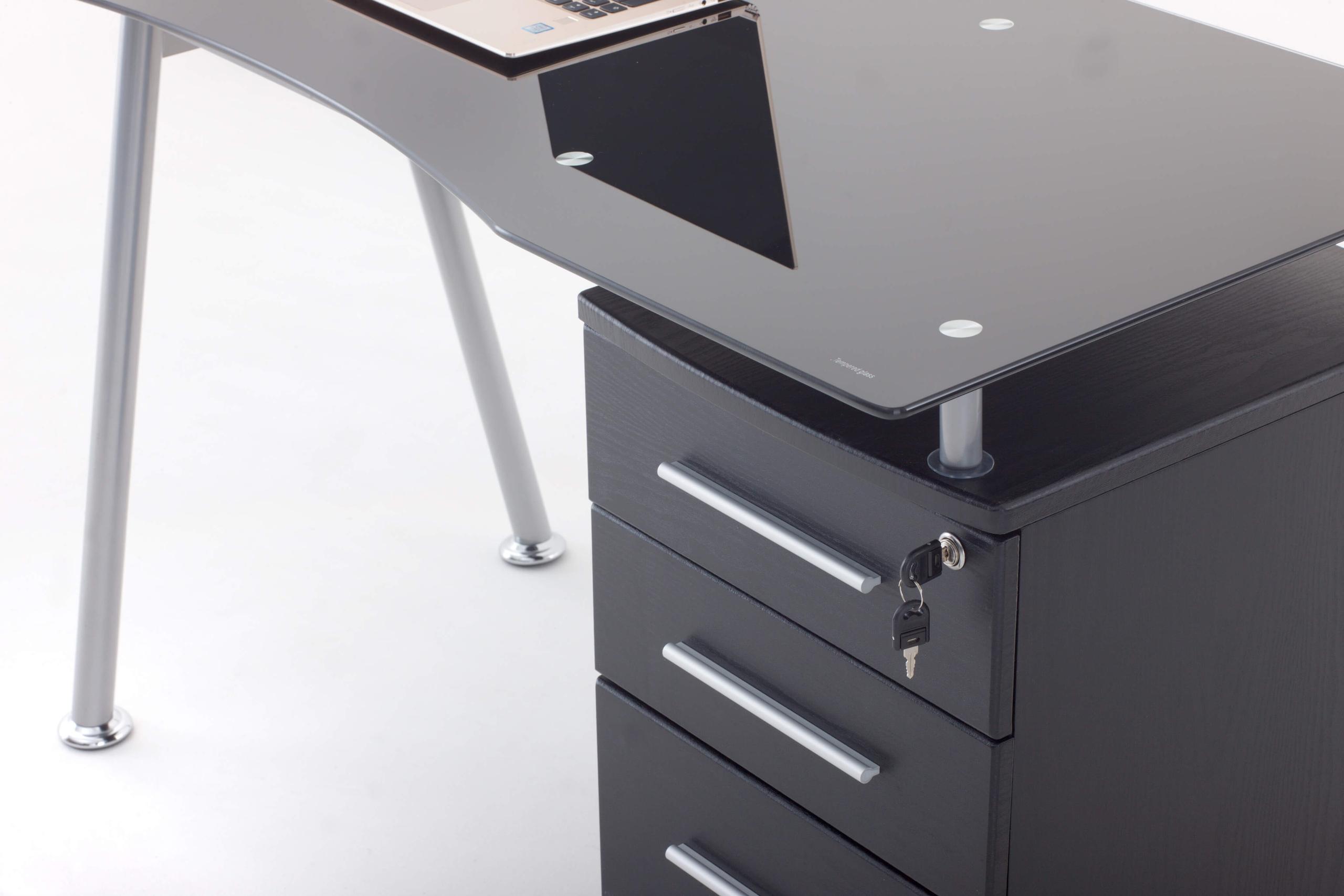 Scrivania 120x60xH75 cm in Vetro con Cassettiera Record Nera