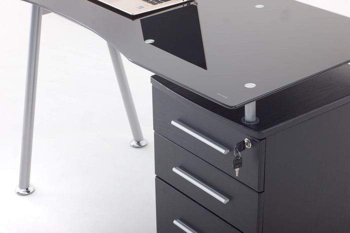 Scrivania 120x60xH75 cm in Vetro con Cassettiera Record Nera