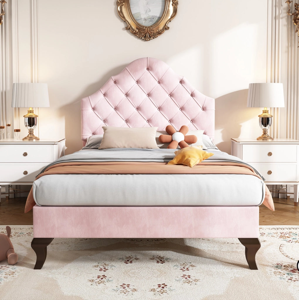 Letto imbottito 90x200 cm con rete a doghe e testiera regolabile in altezza; velluto rosa