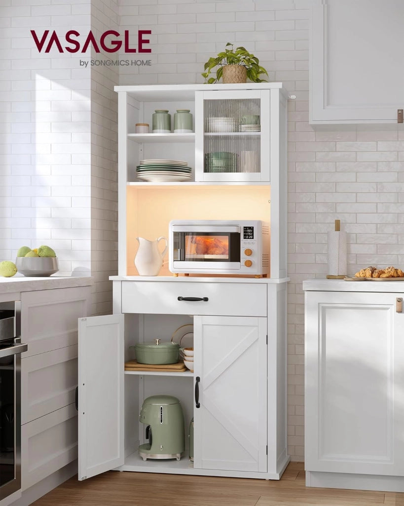 VASAGLE Credenza Cucina con Luce e Multipresa, Mobile Dispensa Cucina con Ante e Cassetto, 39,5 x 80,4 x 180,6 cm, con Ripiani Regolabili, Stile Farmhouse, Bianco Nuvola BBK363W21