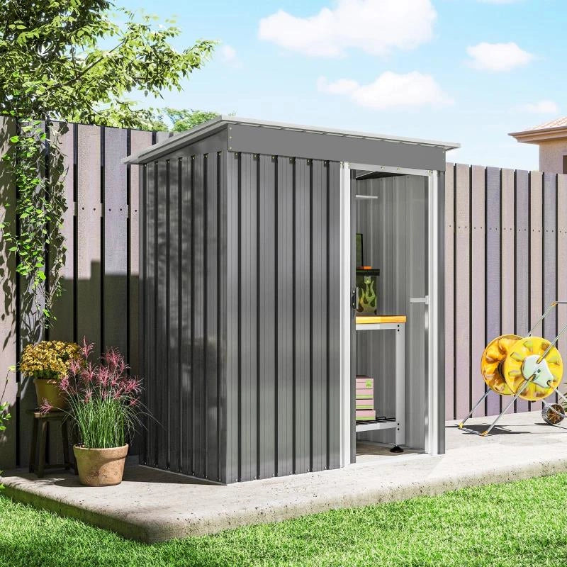 CAPANNO ATTREZZI CON TETTO INCLINATO E PORTA SCORREVOLE, IN ACCIAIO E PP, 163X89X182 CM, GRIGIO CHIARO