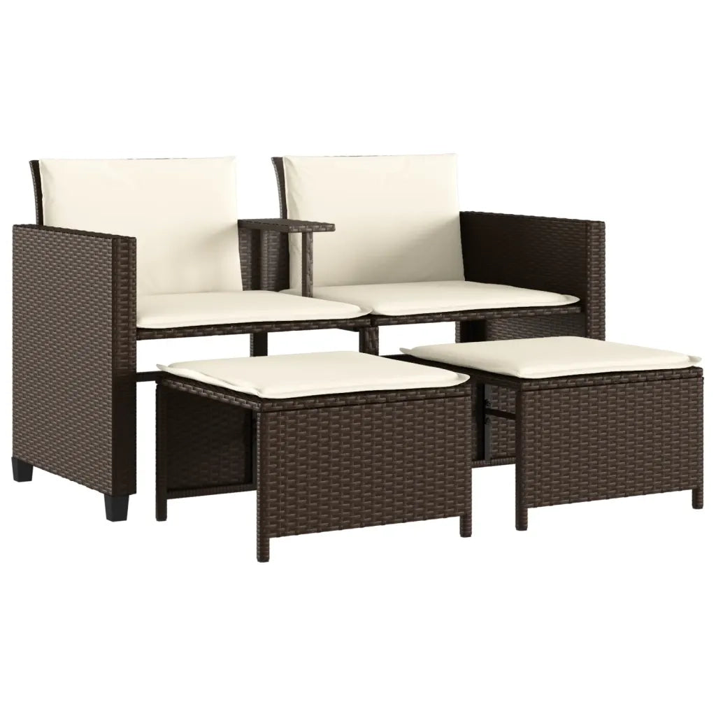 Divano Giardino 2 Posti con Tavolo e Sgabell-Sofa da Giardino-Divanetto da esternoi Marrone Polyrattan 290052