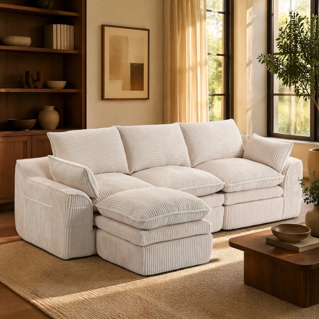 DIVANO Modulare 3 posti con pouf, cuscini e tasche laterali, 263x167x85 cm, Corduroy Beige