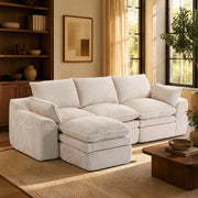 DIVANO Modulare 3 posti con pouf, cuscini e tasche laterali, 263x167x85 cm, Corduroy Beige
