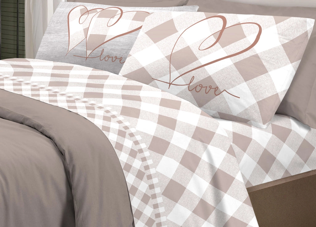 Completo Lenzuola Letto Pensieri Delicati 100% Cotone Dis.Lovely Check - Piazza E Mezza - Beige