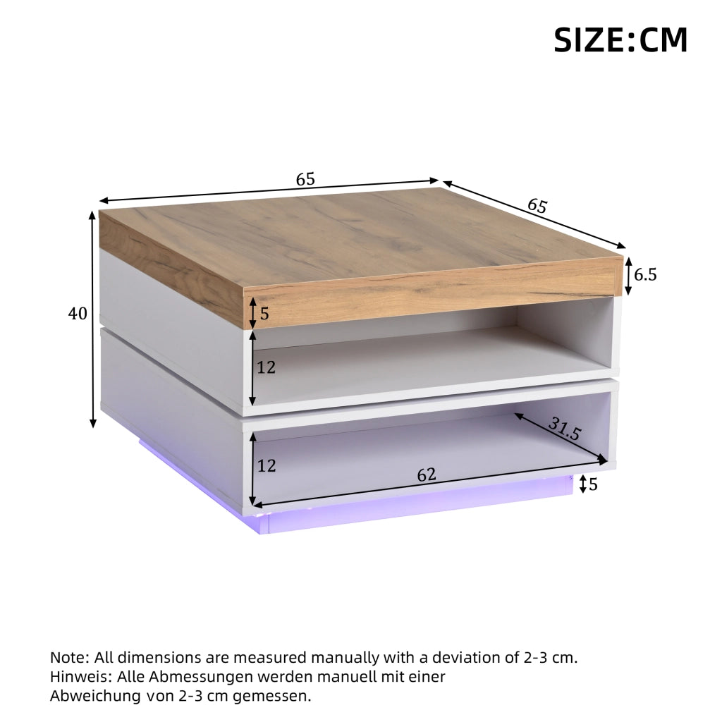 TAVOLO da caffè 65x65x40 cm girevole 360° MDF bianco e legno con LED