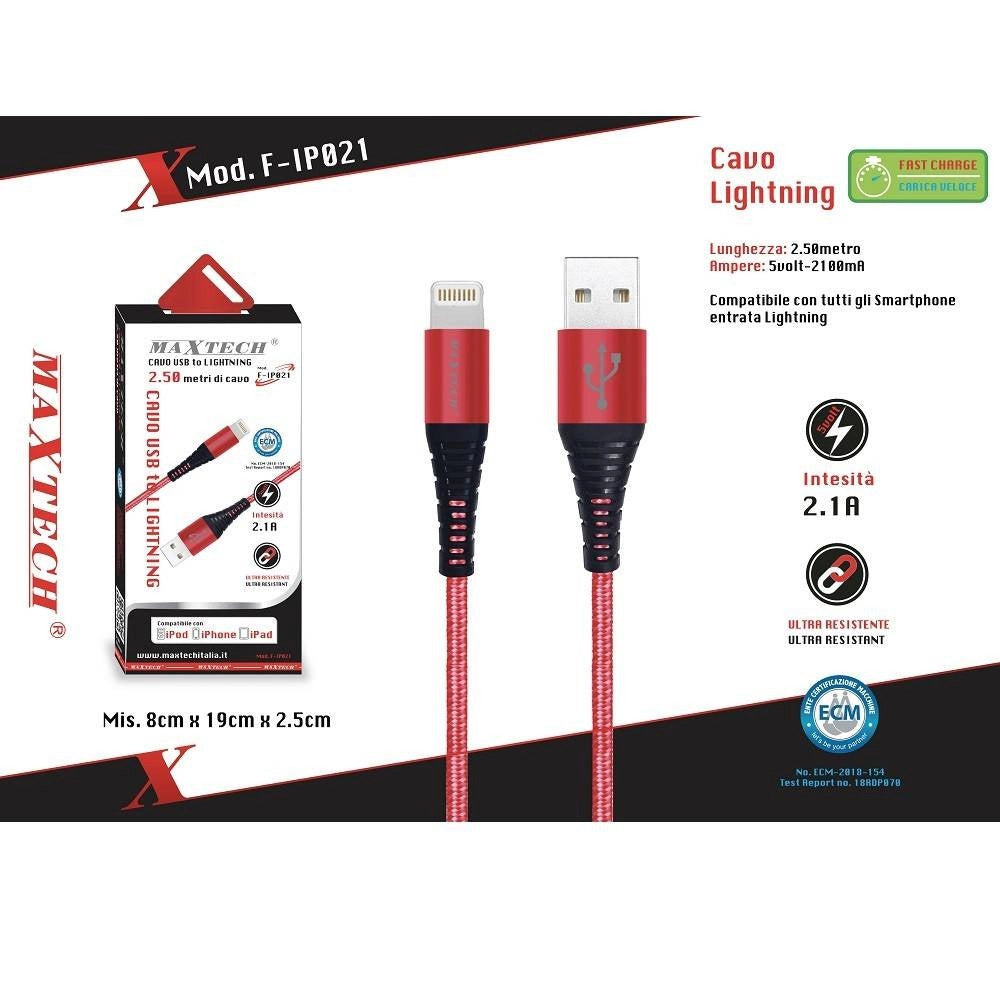 Trade Shop - Cavo Usb A Lightning Per Smartphone 2.1a 2.5mt Trasmissione Dati Maxtech F-ip021 -