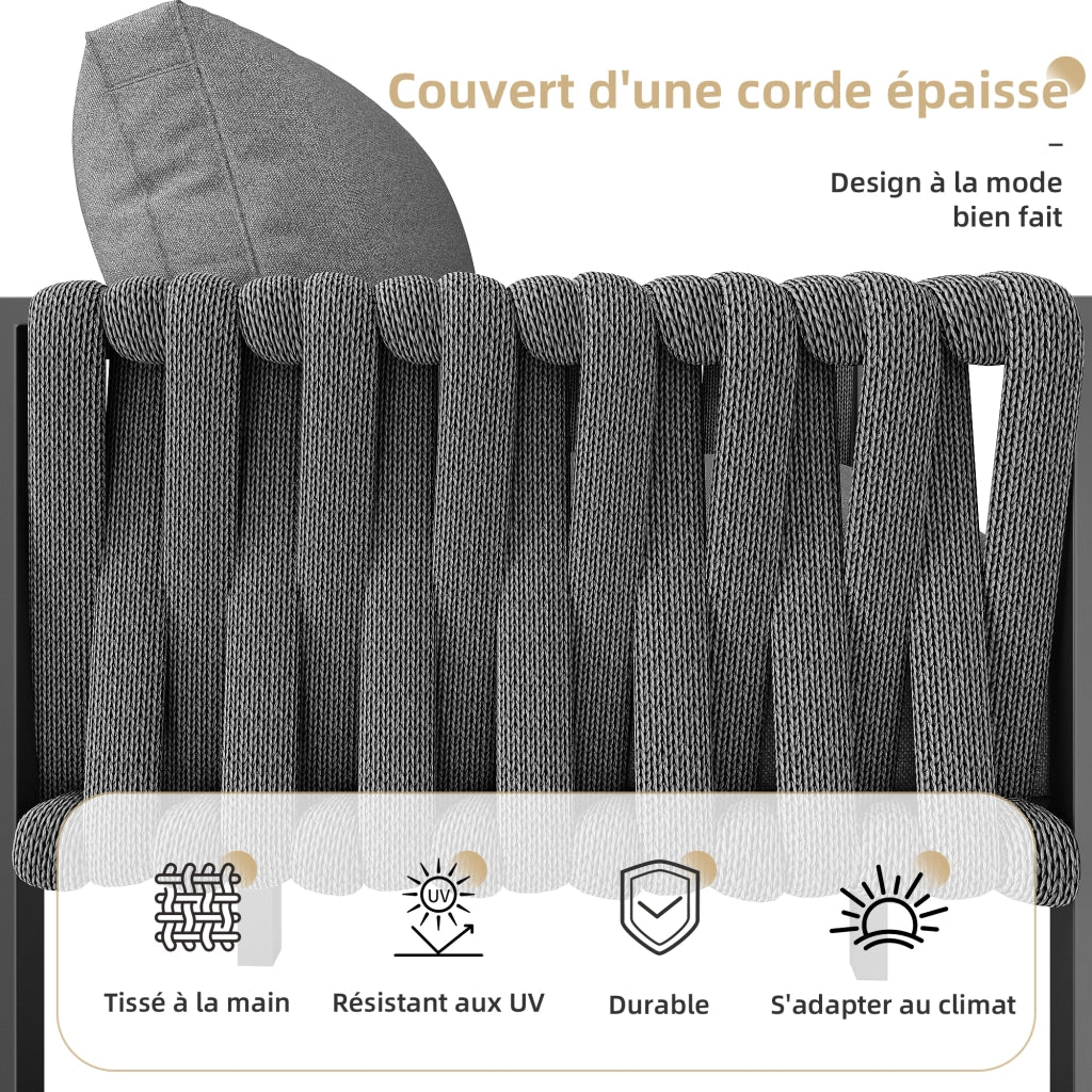 Salotto da Giardino con 2 Divani; 1 Poltrona; 1 Panca e 1 Tavolo; Schienale Alto; Cuscini; per Terrazza; Metallo e Poliestere; Grigio
