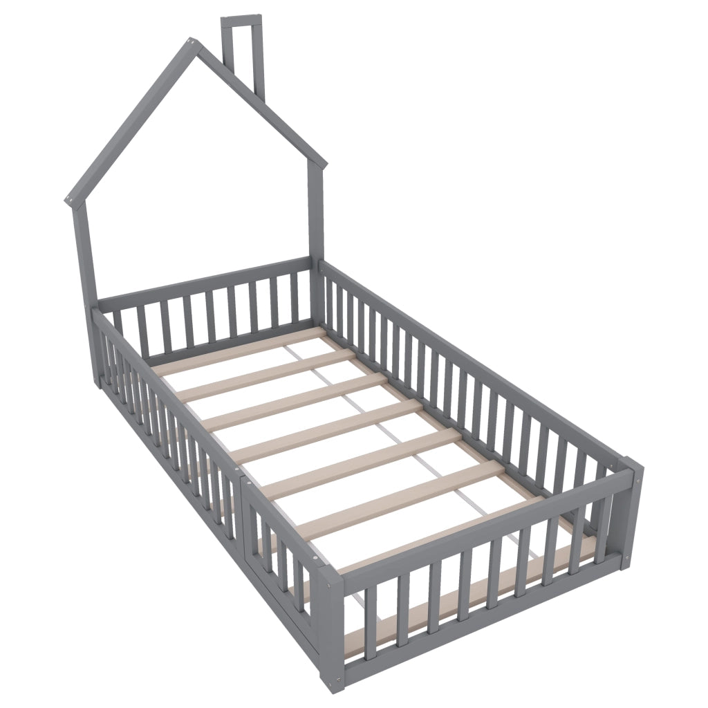 Letto Casetta Bambini 90x200 Grigio in Pino con Camino; Sponde Anticaduta e Rete a Doghe