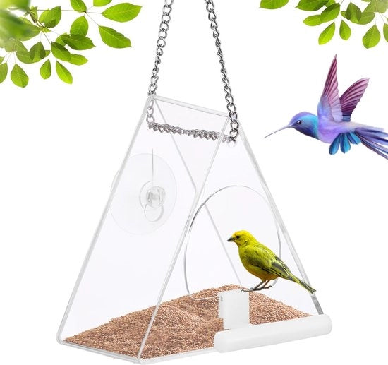 Vogelvoederhuisetto con Finestra Transparente, Recinzione Porticata Sospesa, Casa per Uccelli Fissa alle Alberi, Casa per Uccelli con Fessura e Scarico per Piccoli Animali