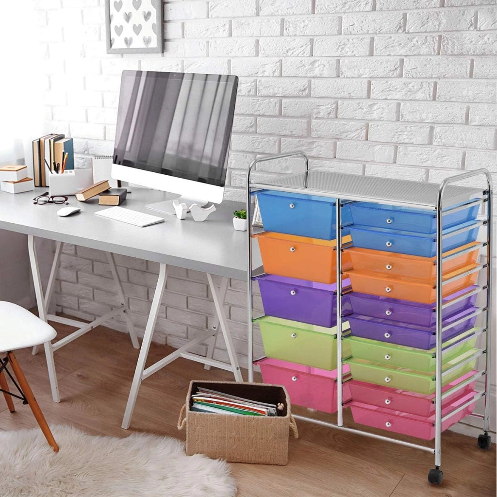 Carrello con 15 Cassetti Impilabili, Carrello di Stoccaggio con Ruote, Carello Portaoggetti per Casa e Ufficio, 62,5 x 37 x 87 cm (Multicolore)