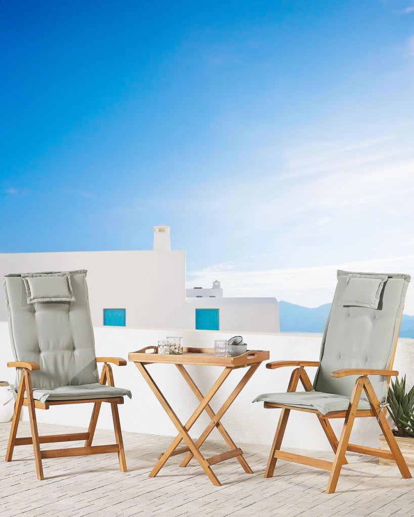 Set di 2 sedie da giardino in legno di acacia chiaro con cuscini color tortora pieghevole in stile rustico resistente ai raggi UV