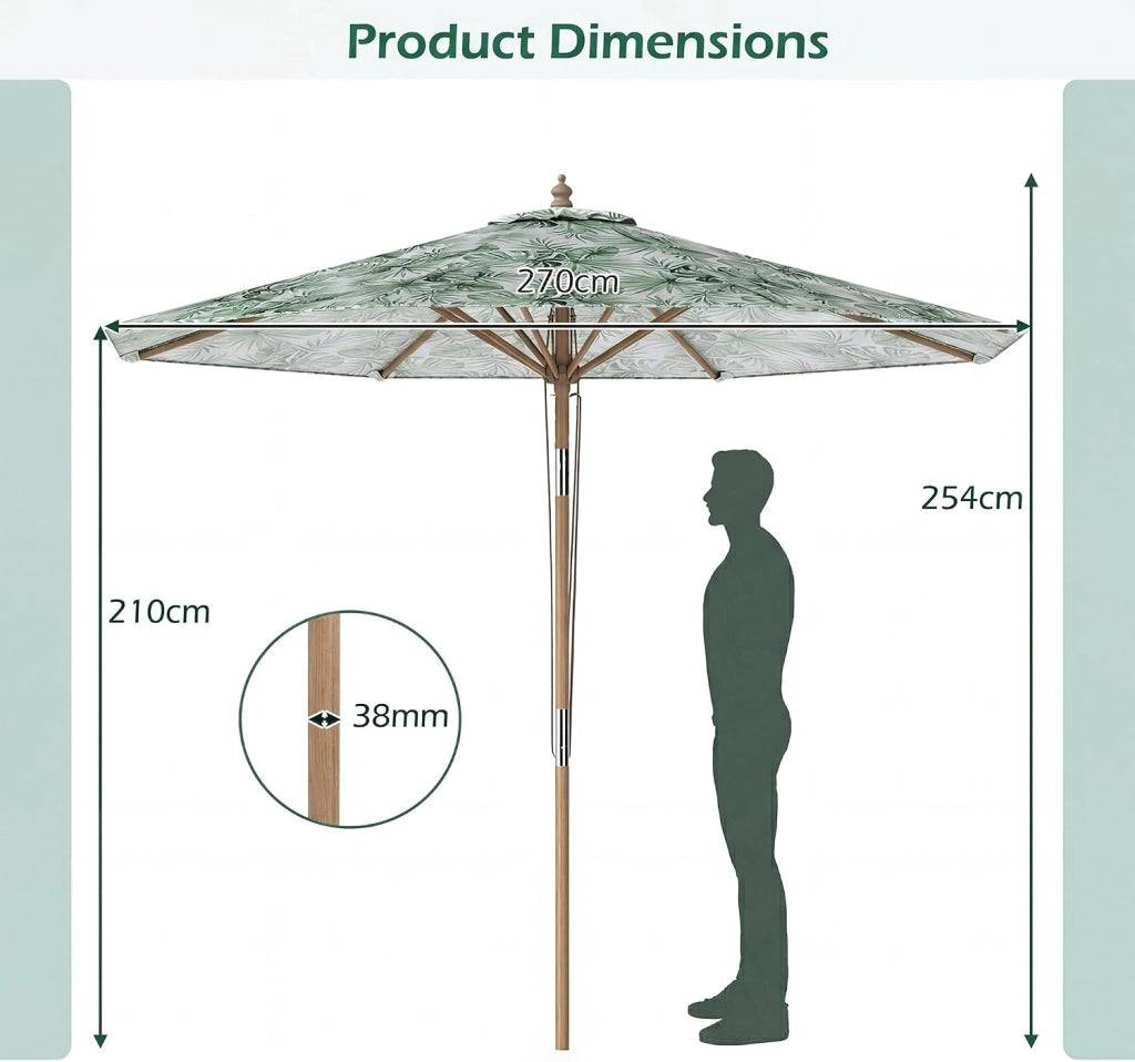 270 cm Ombrellone Terrazza Esterna Ombrellone Rotondo con Bastone in Legno Massello, Ombrellone da Giardino Inclinabile a 30° con 8 Aste, Parte Superiore Ventilata, per Balcone, Spiaggia