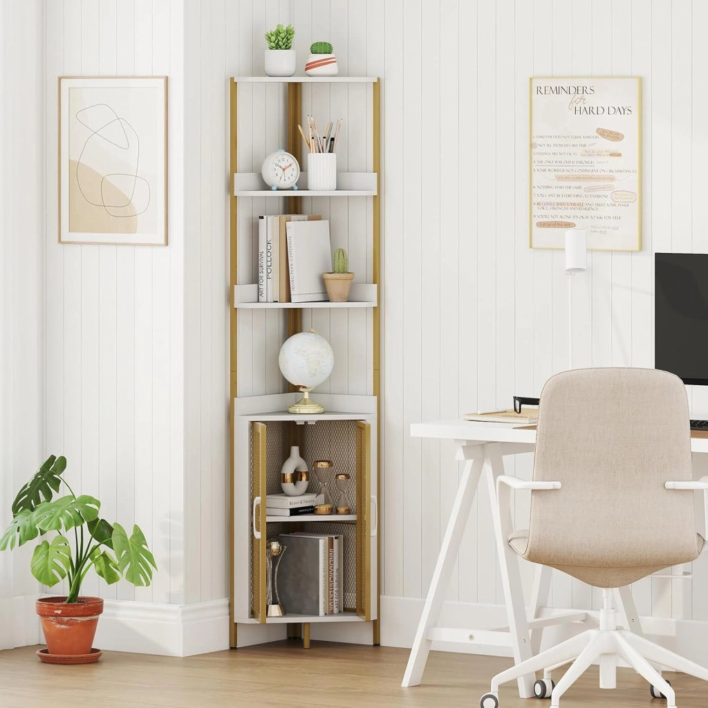Scaffale Angolare a 6 Ripiani, Libreria Alta 170 cm con Armadietto, Scaffale Industrial per Libri con Ante, Multiuso per Soggiorno, Camera da Letto (Bianco)