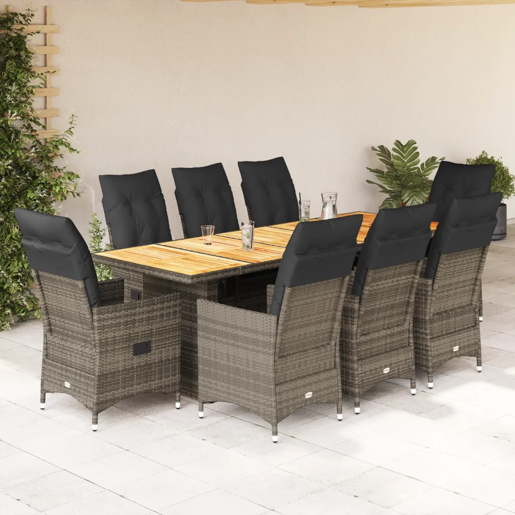 Set BistrÃ² da Giardino 9 pz con Cuscini in Polyrattan Grigio