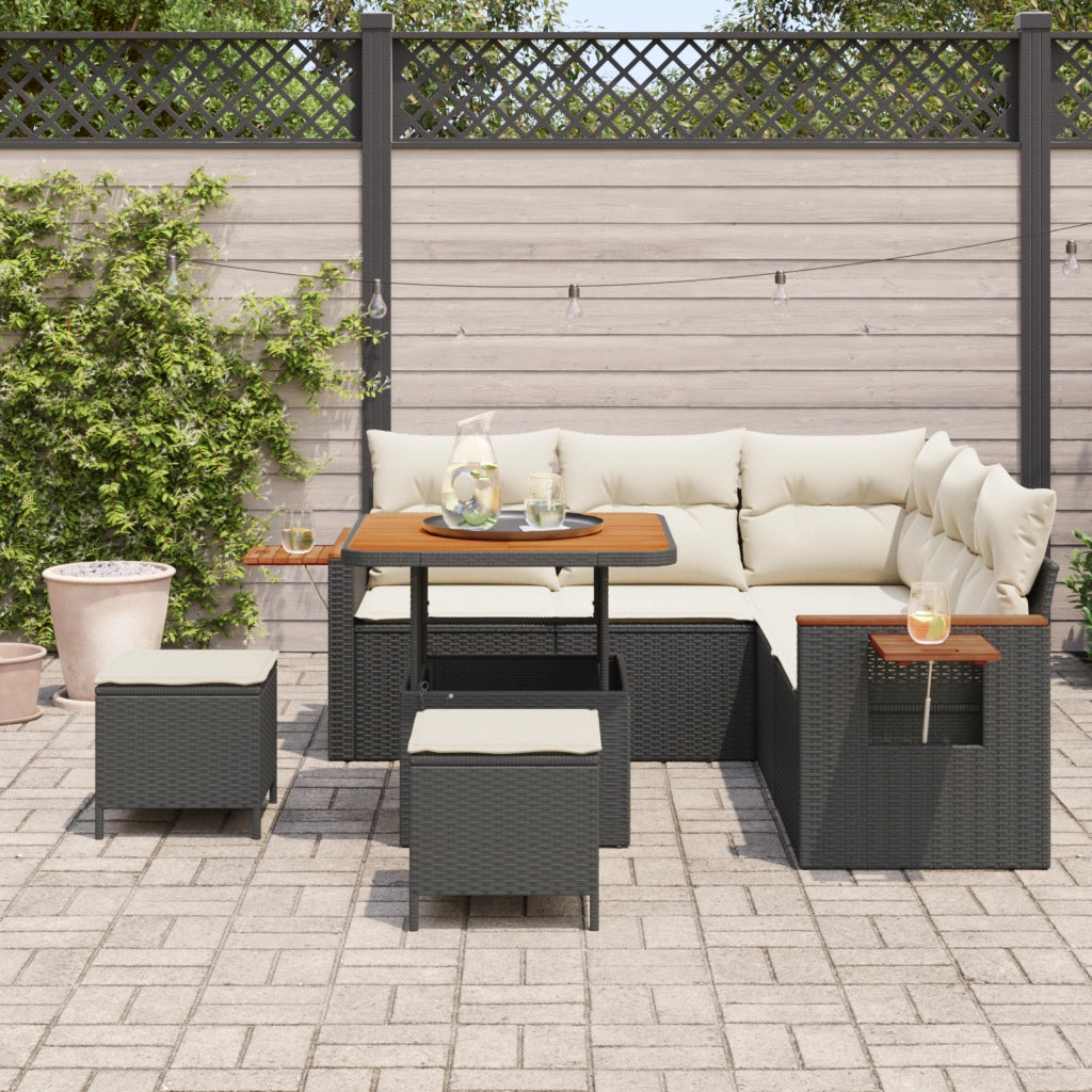 Set Divano Giardino 8 Pezzi Cuscini Nero Polyrattan Acacia