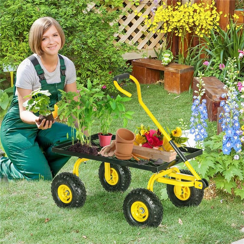 CARRELLO DA GIARDINO IN ACCIAIO CON CAPACITÓ 150 KG E MANIGLIA RIVESTITA, 94X48.5X100 CM, GIALLO E NERO