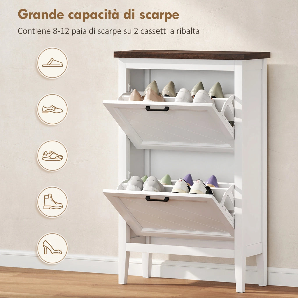 Scarpiera Country con 2 Cassetti Ribalta. Ripiani Regolabili. Design Bianco.