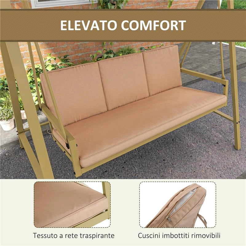 DONDOLO 3 POSTI CON TETTUCCIO INCLINABILE E CUSCINI, IN ACCIAIO E TEXTILENE, 200X125X175 CM, BEIGE E MARRONE